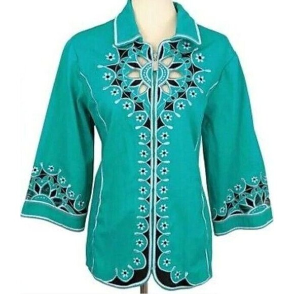 Bob Mackie Size XL Teal Cut Out Eyelet Zip Up Jacket - Picture 1 of 7